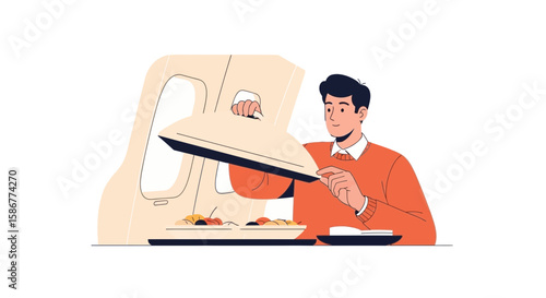 Man Enjoying Delicious Meal In Airplane During Flight Journey And Travel