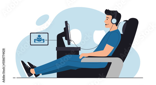 Man Enjoying Inflight Entertainment On Commercial Airplane While Traveling Abroad