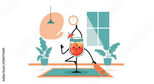 Happy Hour Meets Wellness Illustration Of A Cartoon Cocktail Doing Yoga Pose