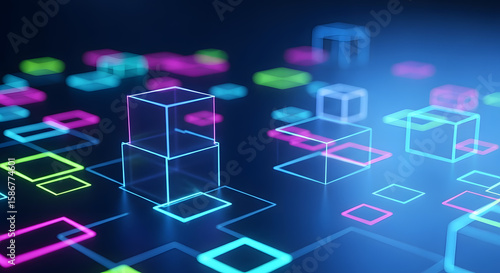 Abstract Glowing Cubes and Lines Digital Data Flow Background