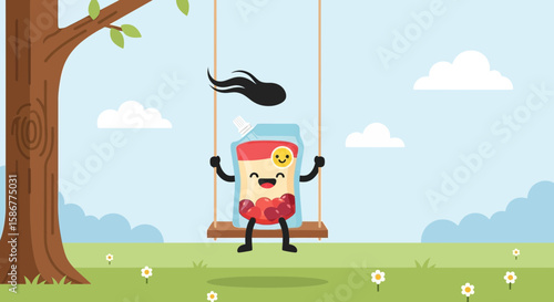 Happy Juice Pouch Enjoying Summer on a Swing in a Picturesque Meadow