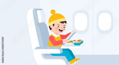 Happy Kid Enjoys Delicious Meal During Airplane Travel Adventure
