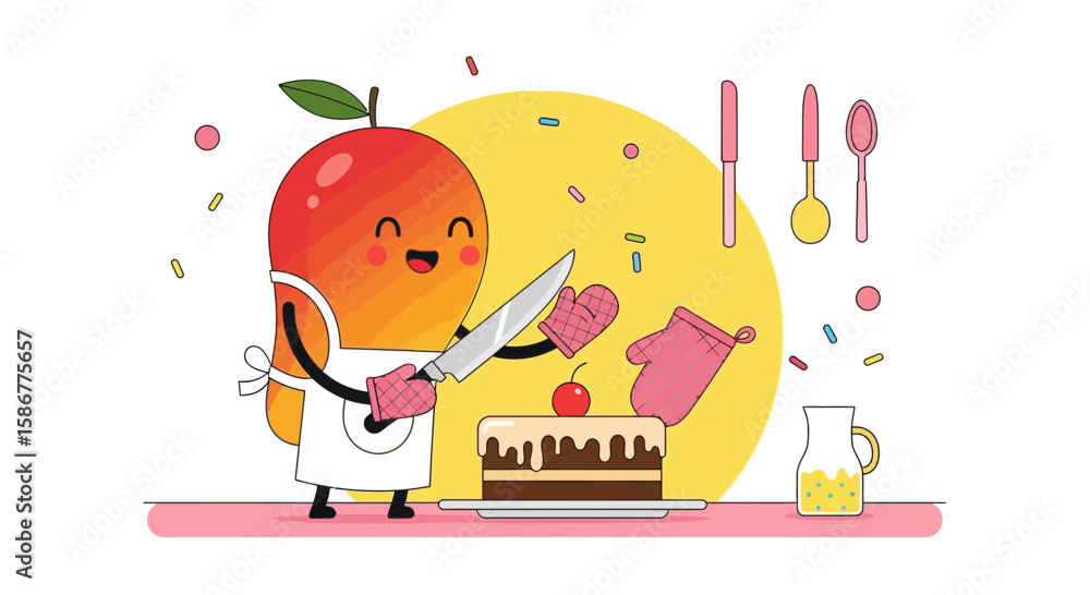Fototapeta premium Happy Mango Character Ready To Cut A Delicious Cake With A Sharp Knife