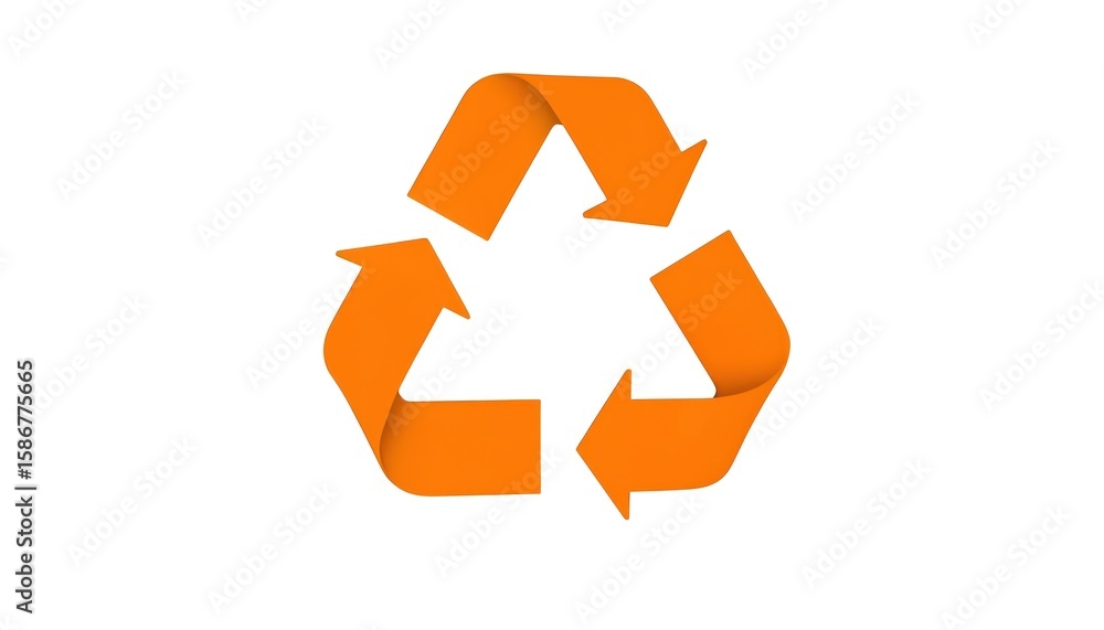 Obraz premium Orange recycling symbol on white background. Minimalistic graphic design with three chasing arrows forming triangle. Eco friendly concept for sustainability, conservation initiatives, representing