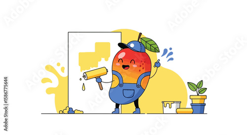 Happy Mango Character Painting Wall With Yellow Color, Cartoon Illustration Style