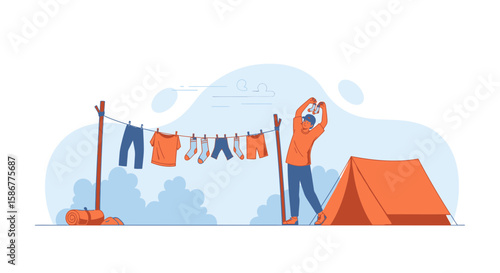 Morning Chores During Summer Adventure Camping Trip In The Wilderness