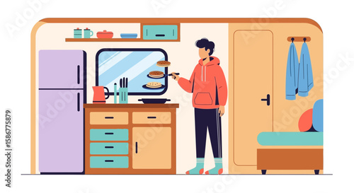 Morning Ritual Man Flipping Pancakes In Cozy Kitchen Vector Illustration