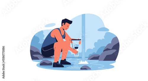 Man Filters Water From Waterfall On A Blue Background Illustration Design