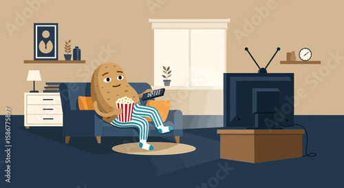 Relaxing Potato Character Watching Tv With Popcorn At Home In Living Room