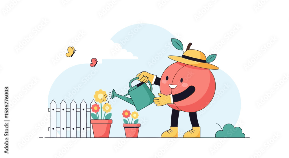 Naklejka premium Happy Peach Cartoon Watering Flowers In A Garden On A Beautiful Day