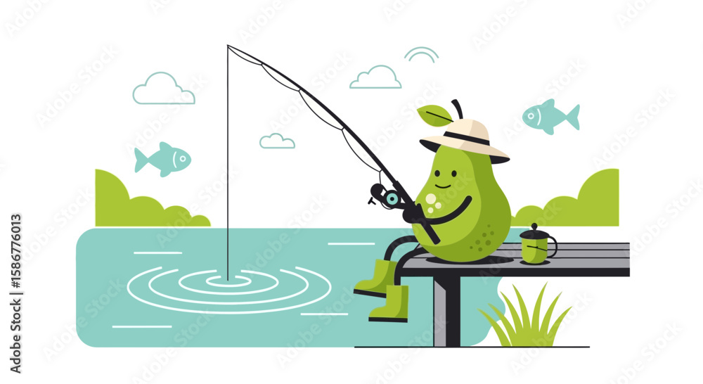 Obraz premium Happy Pear Cartoon Character Enjoying Quiet Time Fishing At The Lake