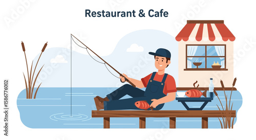 Man Fishing By Restaurant For Catch Of The Day Ready To Cook In The Kitchen