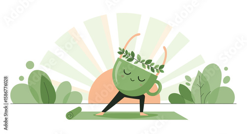 Relaxing Tea Cup Character Practices Yoga In Natural Landscape Illustration