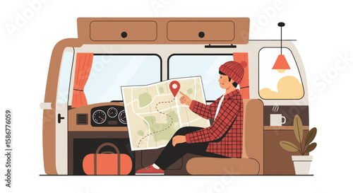 Planning Road Trip Inside Camper Van Adventure with Map