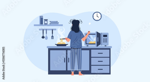 Morning Routine Woman Cooking Using Microwave In Kitchen Illustration