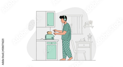 Morning Routine: Young Man Making Toast While Listening To Music In Kitchen