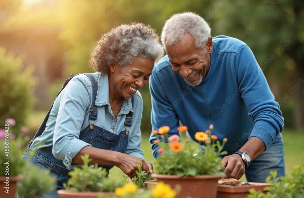 Fototapeta premium Joyful African elderly couple planting flowers in home garden. Woman focuses on face, smiling. Springtime activity, mature lifestyle, ethnic people enjoying hobby together outdoors.