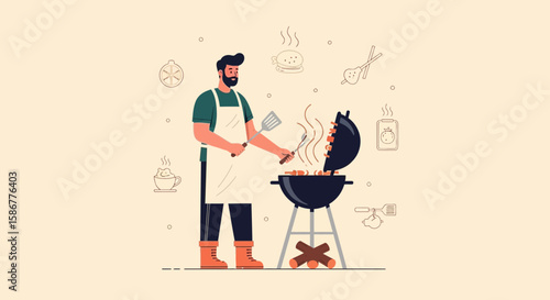 Man Grilling Outdoors In Summer Season Vector Illustration Concept Design