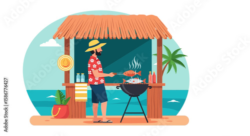 Man Grilling Fish at Beach Hut Enjoying Coastal Cuisine During Summer Holiday
