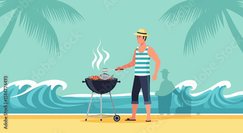 Man Grilling Seafood At The Beach On A Summer Vacation Holiday Illustration