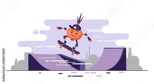 Playful Onion Cartoon Character Performing Stunts on Skateboard in Urban Skate Park