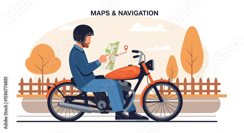 Motorcycle Adventure: Bearded Man Navigating With Map On Scenic Countryside Road