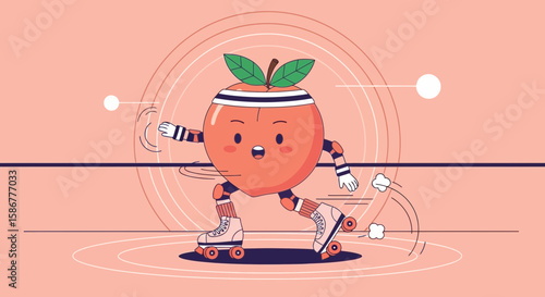 Playful Peach Character Roller Skating Illustration with Sporty Headband