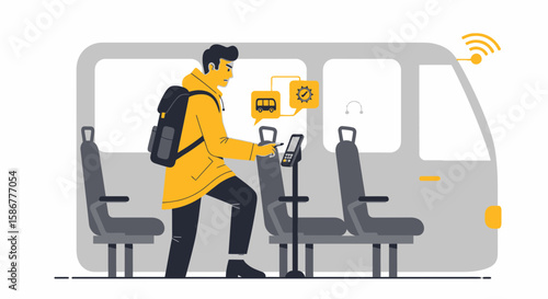 Man In Bus Paying With Phone Demonstrating Modern Transportation Technology