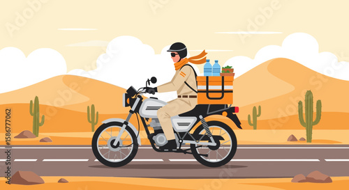 Motorcycle Courier Speeding Through Desert Landscape Delivering Essential Goods Illustration