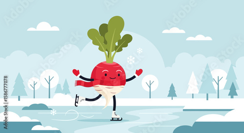 Happy Radish Ice Skating On A Frozen Pond In A Winter Landscape