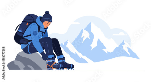 Mountain Climber Prepares For Hike On Peak Adventure In The Alps