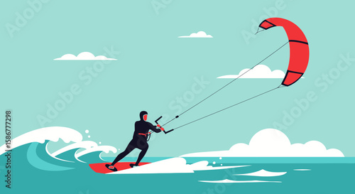 Man Kitesurfing On The Waves At Sea Watersport Adventure Outdoors Scene