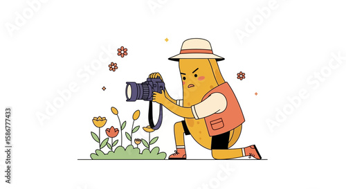 Potato Character Capturing Floral Scenery With Camera In Garden