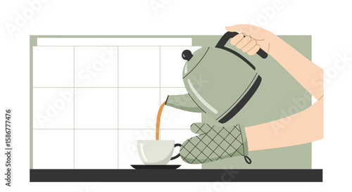 Pouring Aromatic Tea From Kettle In Cup On Kitchen Counter Illustration