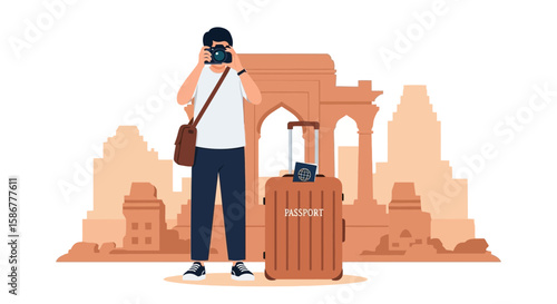 Happy Tourist Capturing Moments In Exotic Location With Landmarks And Luggage