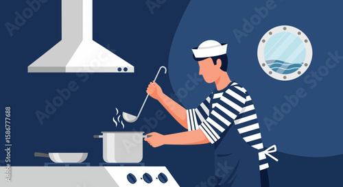Nautical Chef Preparing Meal Inside A Ship Kitchen With Porthole View