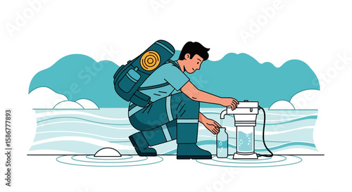 Man On An Adventure Purifying Water With Filtration System Near The River