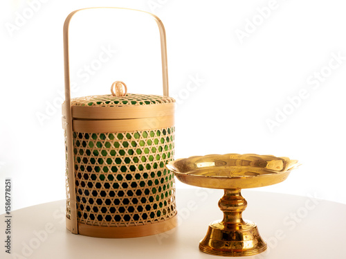Traditional Thai Bamboo Basket and Brass Pedestal Tray on White Background
