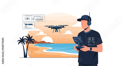 Man Operating Drone On Beach With Palm Trees During Sunset Vacation Vector