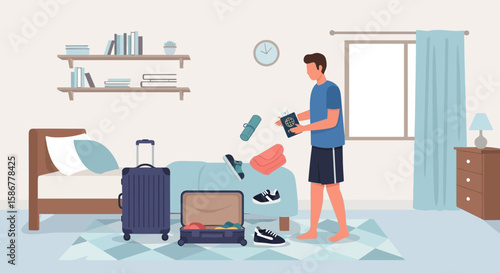 Man Packing Suitcase for Travel Vacation at Home Preparing Clothes and Documents