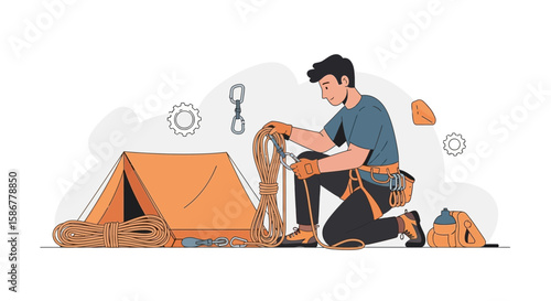 Preparing For Climbing Adventure Man Roping Near Camping Tent Concept Art