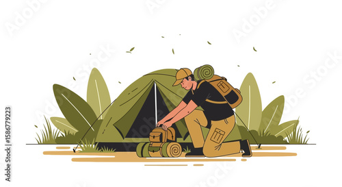 Preparing For Wilderness Adventure Man Arranging Backpack Near Tent Surrounded By Greenery
