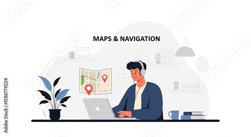 Man Planning Route With Map And Laptop On Desk Working From Home