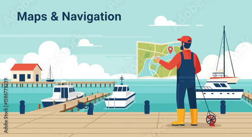 Man Planning His Route Using a Nautical Chart at the Harbor