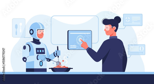 Robot And Person Collaborating On A Cooking Interface In A Futuristic Kitchen