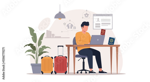 Man Plans Vacation Online Before Travel With Laptop and Passports At Home