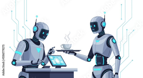 Robotic Assistance Two Modern Robots Engaging With Technology and Serving Refreshments