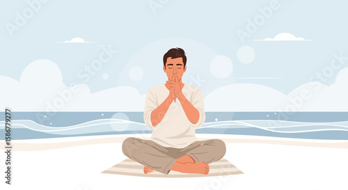 Man Practicing Yoga For Concentration At Ocean Beach Meditation Mindfulness