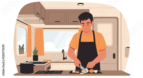 Man Prepares Food In Small Kitchen At Camper Van On Vacation