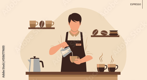 Professional Barista Preparing Coffee In A Cafe Serving Hot Beverage